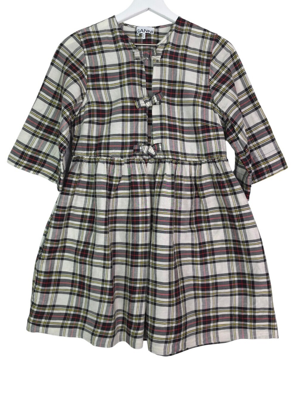 Ganni Silk Ivory Check Babydoll Mini Dress with Black and Red Tartan - Picture 5 of 13
